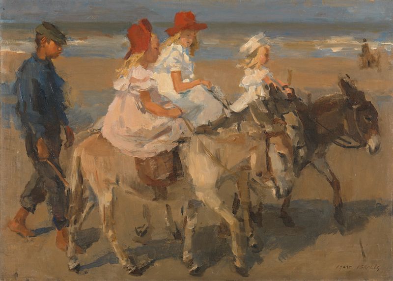 Donkey Rides on the Beach, oil on canvas by Isaac Israels showing children riding a donkey at the seaside
