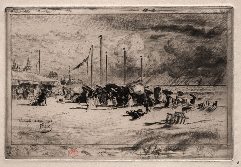 A Squall at Trouville, etching by Félix Hilaire Buhot, depicting a stormy beach landscape.