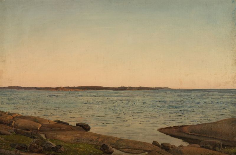 Fra Beiningen de Amaldus Nielsen, pintura a óleo mostrando uma figura em uma costa rochosa