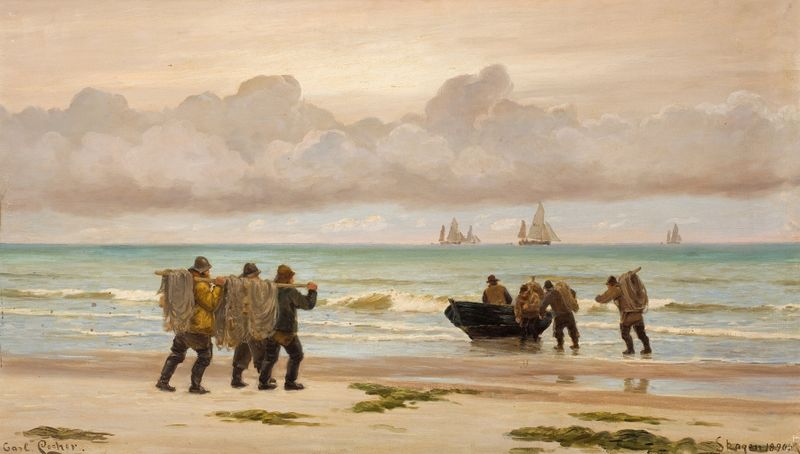 Oil painting by Carl Locher depicting boats sailing on water at sunset