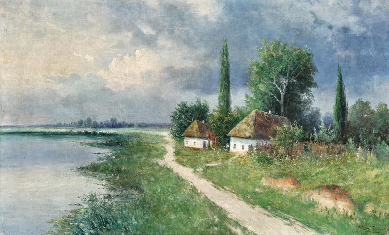Uma paisagem de primavera com fazendas, óleo sobre tela de Grigorij Ivanovich Kapustin