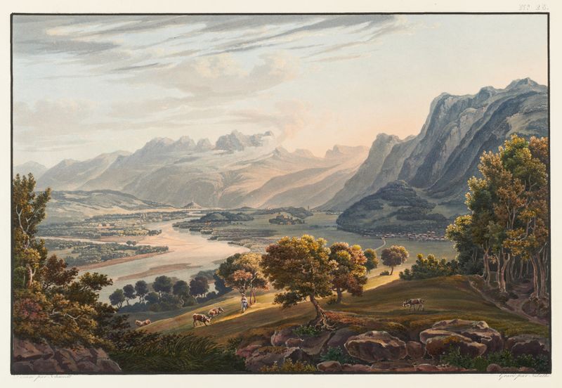 Réunion de l’Ill et du Rhin, óleo sobre lienzo de Johann Ludwig Bleuler que representa ríos y paisaje exuberante.