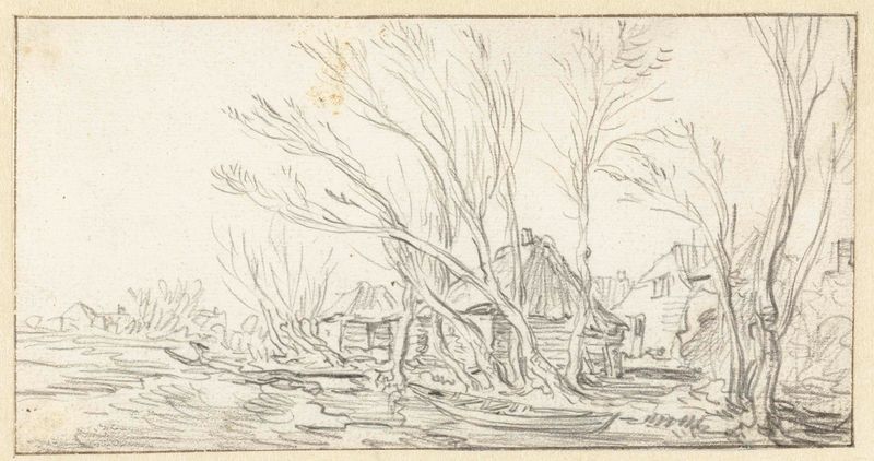 Landschap met kromme kale bomen voor boerderijen de Jan van Goyen, medio papel que representa árboles desnudos y colinas.