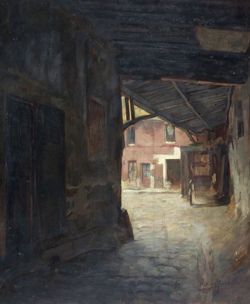 Impressionism oil painting by Victor Marec depicting a porch on rue Mazet
