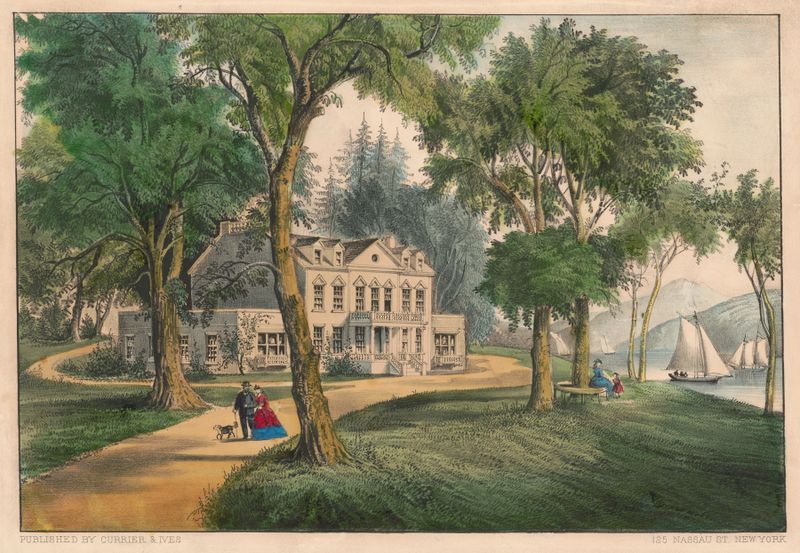 Litografía de Currier & Ives que representa una elegante mansión con detalles intrincados