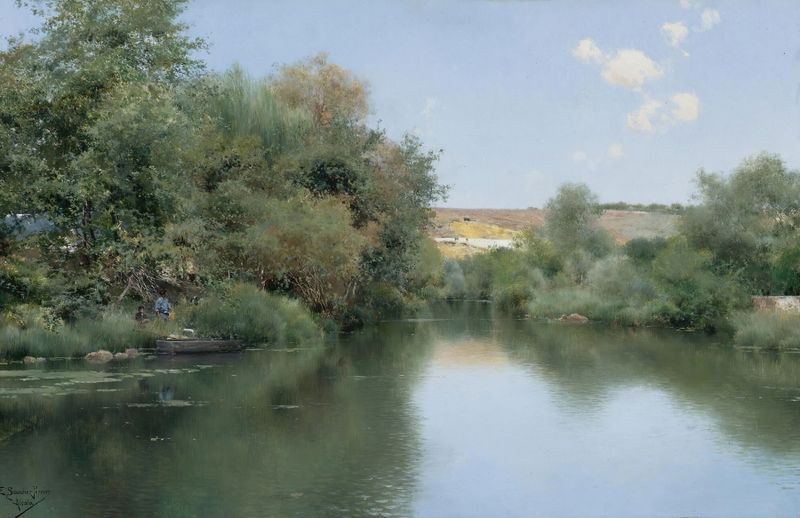 El Rialaje by Emilio Sánchez-Perrier, oil on canvas depicting a tranquil river landscape.