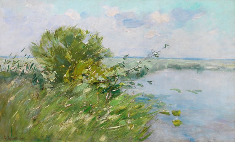 Märkische Seenlandschaft by Karl Hagemeister, oil on canvas depicting hills and a lake.