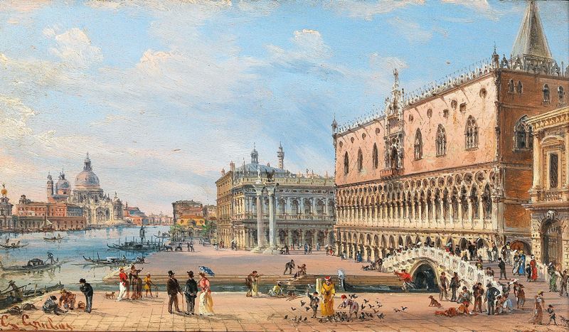 Oil painting of Palazzo Ducale and Santa Maria della Salute by Giovanni Grubacs