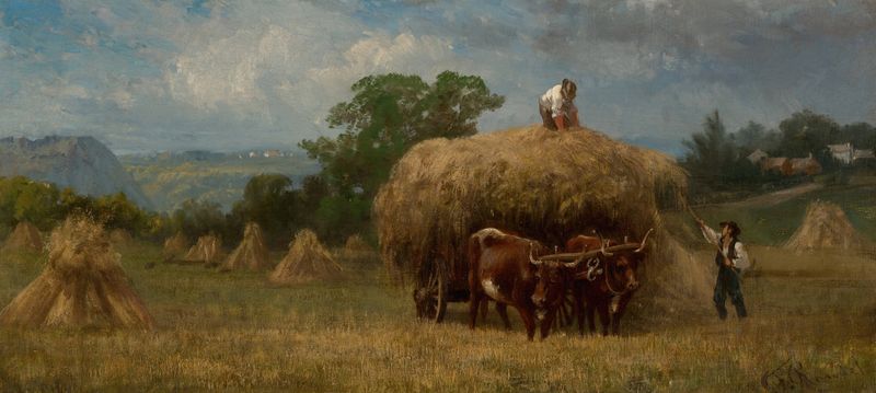 Obra de realismo de Frederick Rondel mostrando trabalhadores colhendo sob a luz dourada.