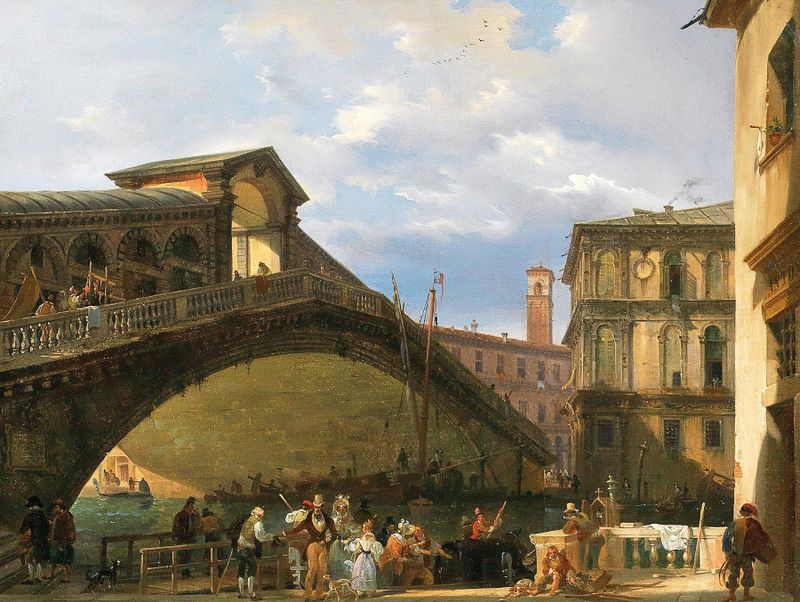 Venice, the Rialto Bridge by Giovanni Migliara, oil on canvas, featuring the bridge over the canal.