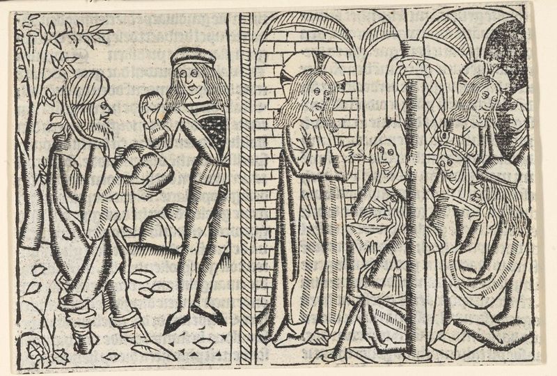 Religious scene with figures in tension, paper artwork by Master of Delft