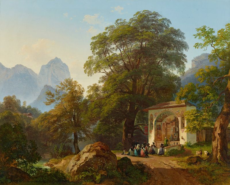Waldkapelle by Josef Höger, oil on canvas depicting a rustic chapel surrounded by a dense forest