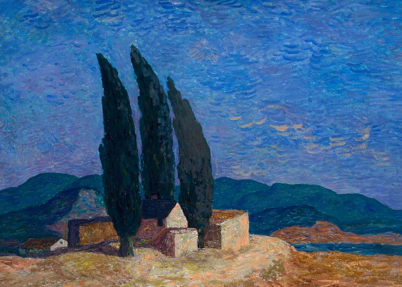Italian landscape oil painting by Felicjan Szczęsny Kowarski featuring soft greens and vibrant blues.