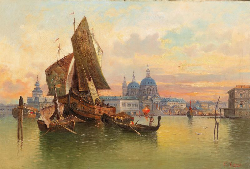 Partie In Venedig de Karl Kaufmann, retratando figuras elegantes na luz dourada, meio desconhecido.
