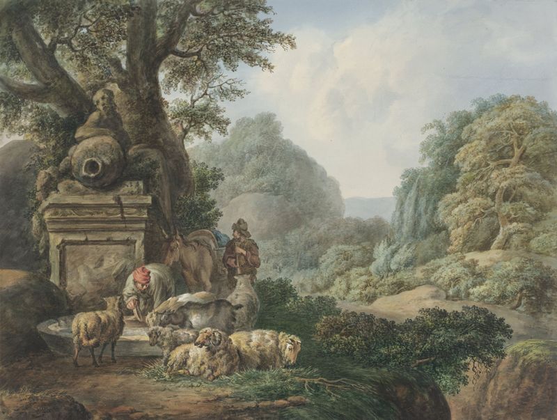 Landschap met herders bij een waterplaats by Jan Willem Pieneman, oil painting depicting shepherds by a waterhole.