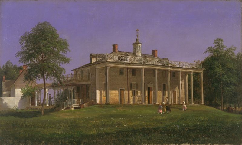 View of Mount Vernon, oil on canvas by Ferdinand Richardt, depicting a tranquil landscape with mountains and a river.