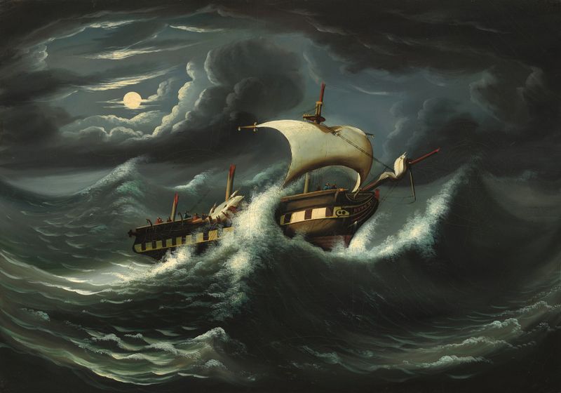 Storm-Tossed Frigate de Thomas Chambers, óleo de um navio em ondas turbulentas.