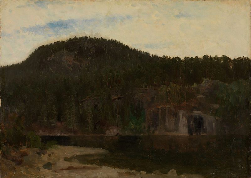 Landscape Study with a Lake by August Cappelen, oil painting depicting a serene lake and lush greenery.
