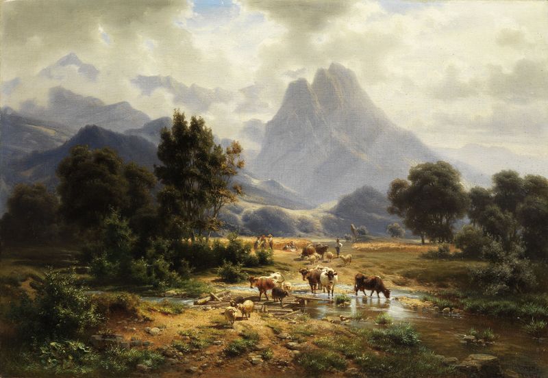 Gebirgslandschaft de Heinrich Höfer, pintura a óleo de montanhas e céu tempestuoso