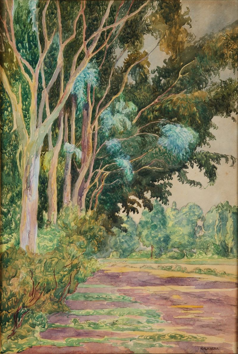 Paisaje de Martín Malharro, óleo que representa suaves colinas y luz verde suave.