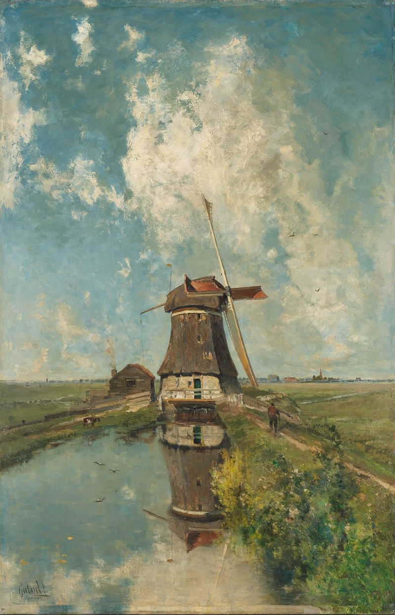 A Windmill on a Polder Waterway by Paul Joseph Constantin Gabriël, oil painting