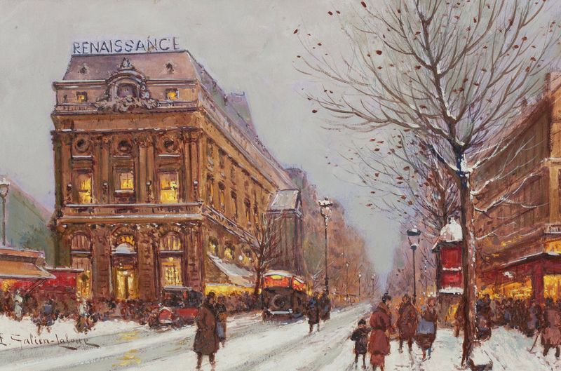 Théâtre de la Renaissance by Eugène Galien-Laloue, oil painting depicting a theater entrance.