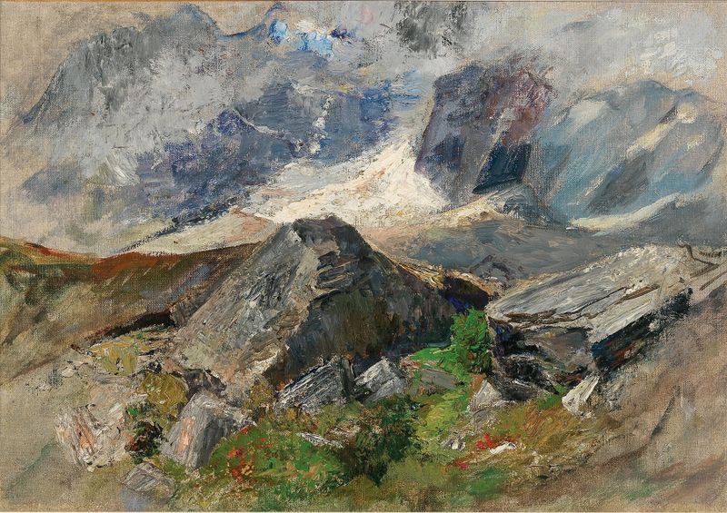 Glacier landscape in oil on canvas by Marie Egner, highlighting ice and light textures.
