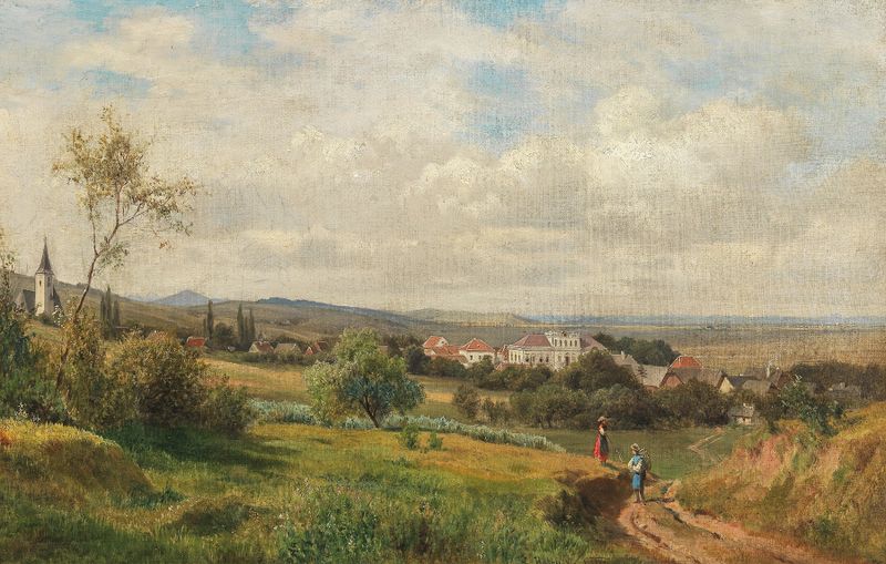 Landscape oil painting by Ludwig Halauska featuring Tulbing Castle and hills