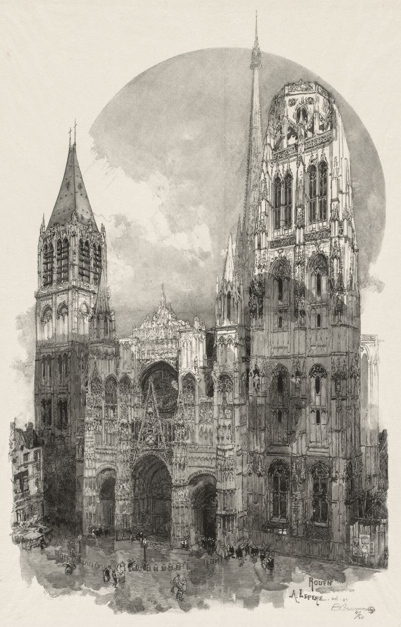 La Cathedrale de Rouen de Auguste Louis Lepère, Impresionismo, representando una catedral con nubes.