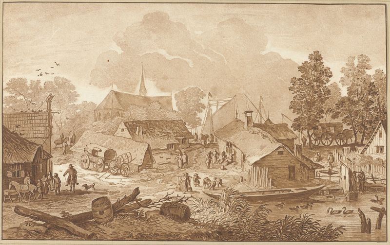 Etching by Cornelis Ploos van Amstel depicting a tranquil pond and village.