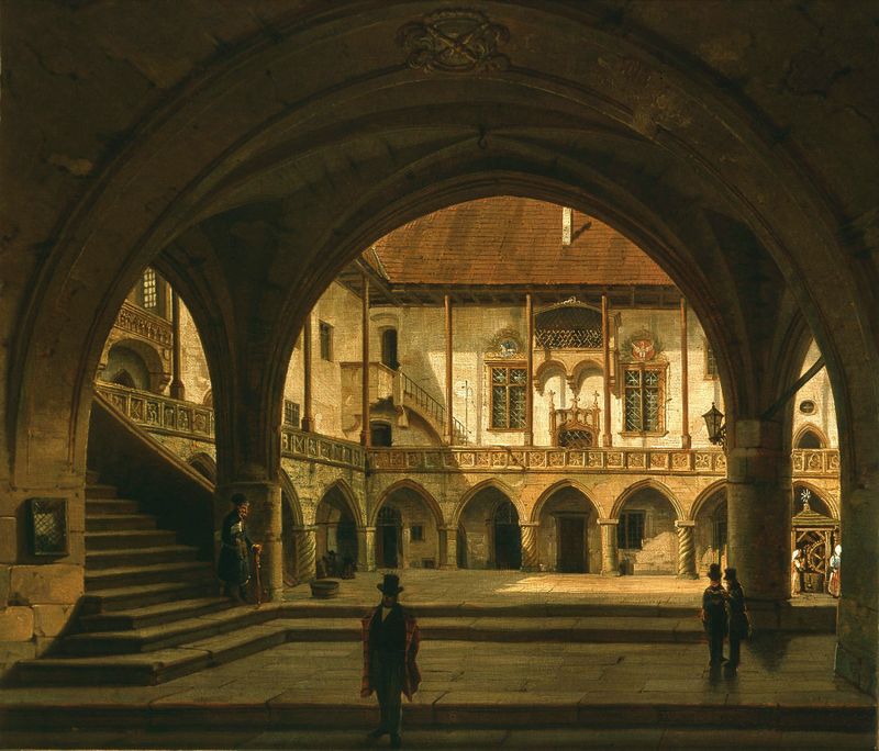 Patio de la Biblioteca Jagellónica de Marcin Zaleski, óleo sobre lienzo, con arcos elegantes y vegetación exuberante.