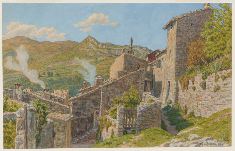 Paisagem de Post-Impressionismo por Henri Rivière, retratando uma aldeia com estruturas de pedra e céu azul.