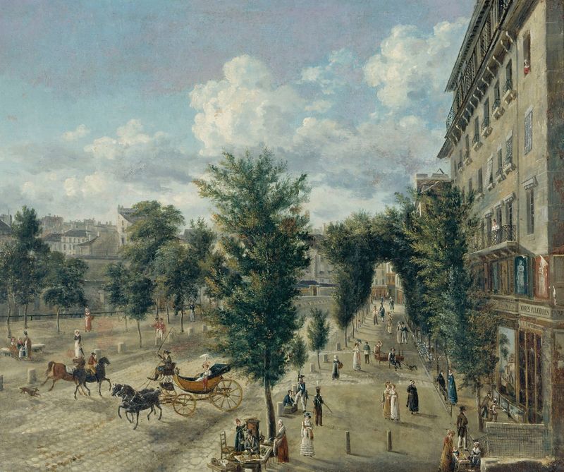 Urban landscape by Alexandre Pau de Saint-Martin, oil on canvas, depicting a bustling boulevard.