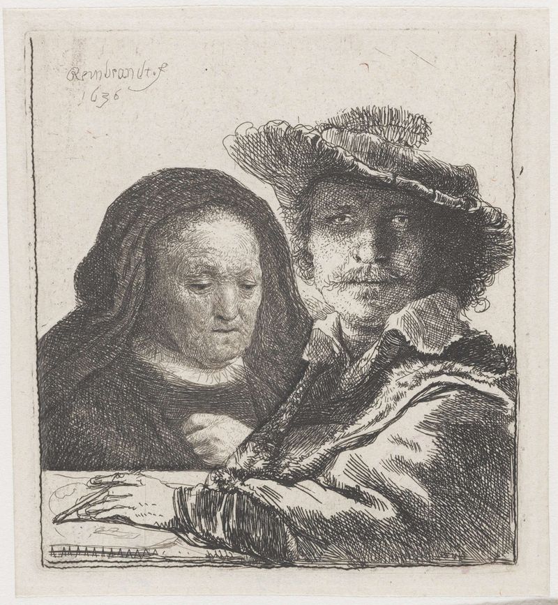 Autorretrato com Saskia, gravura de Rembrandt van Rijn mostrando um casal em luz quente.