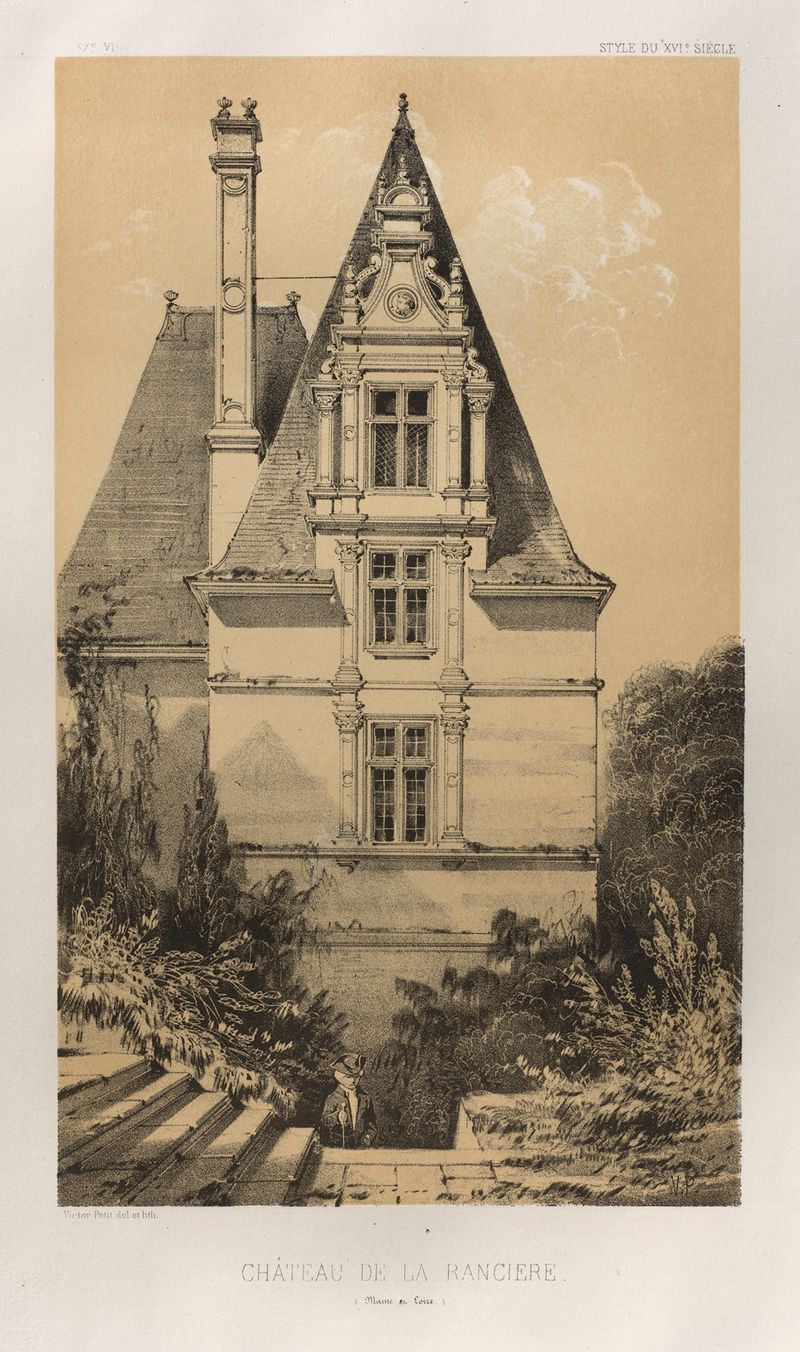 Château De La Ranciere de Victor Petit, óleo sobre tela retratando uma paisagem tranquila com rio.