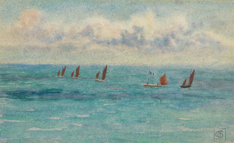 Oil painting by Joseph Edward Southall depicting yachts sailing on a calm ocean