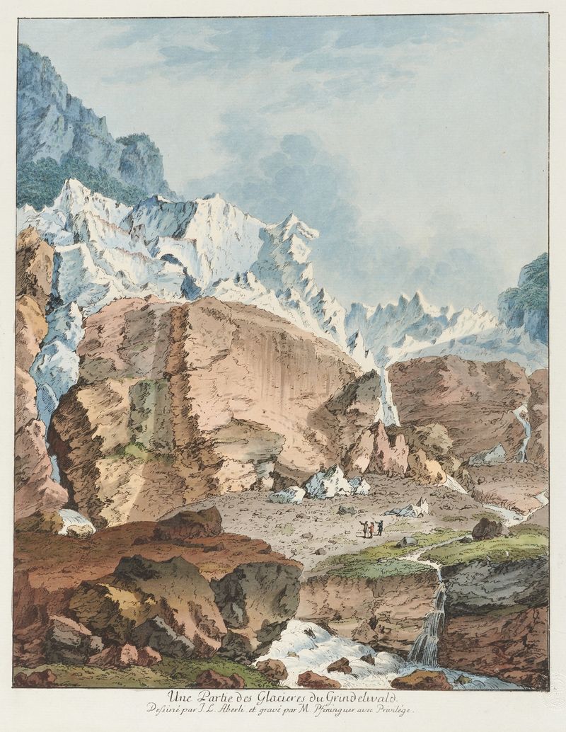 Gravura de Johann Ludwig Aberli representando geleiras e montanhas em uma paisagem
