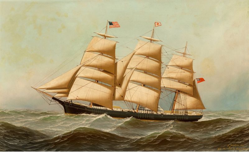 The Nile by Antonio Jacobsen, oil painting depicting a boat on a river with reflections.