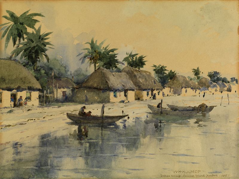 Watercolour by William Henry Holmes depicting a village landscape on Cozumel Island.