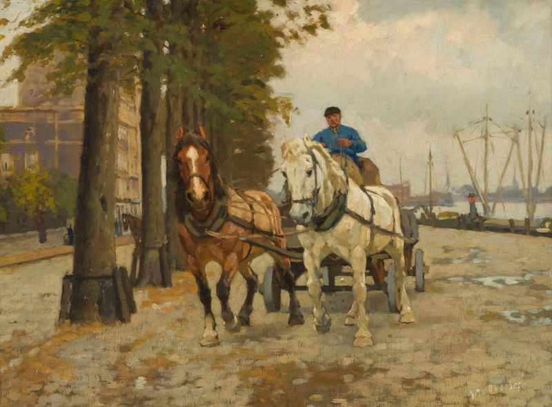 Cavalos em uma paisagem negligenciada, óleo sobre tela de Gijsbertus Johannes van Overbeek