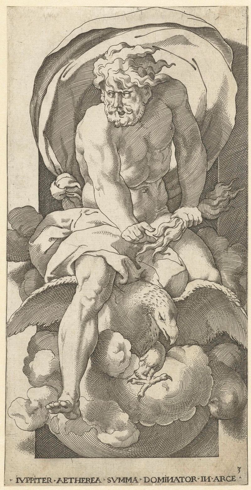 Grabado de Jacob Binck que representa a Júpiter con rayos y un águila en una escena celestial.