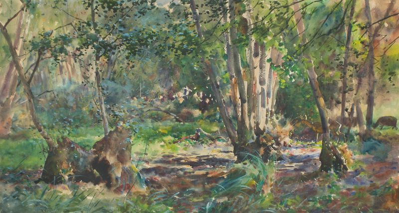óleo sobre tela de Julian Falat retratando uma floresta com veados