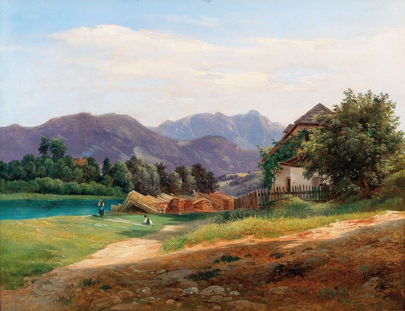 Landscape with Stored Timber by Wilhelm Steinfeld, realism, depicting stacked timber in nature.