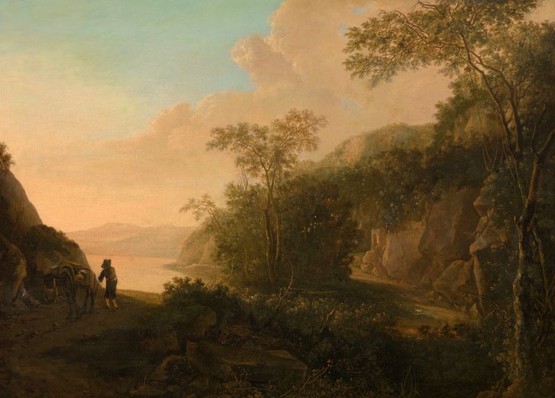 Italian Landscape by Jan Both, oil on canvas depicting hills, trees, and a lake.