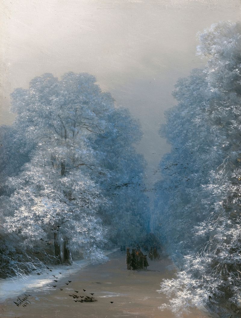 Paisaje invernal de Ivan Aivazovsky, pintura al óleo que muestra un suelo cubierto de nieve y colores fríos y apagados.