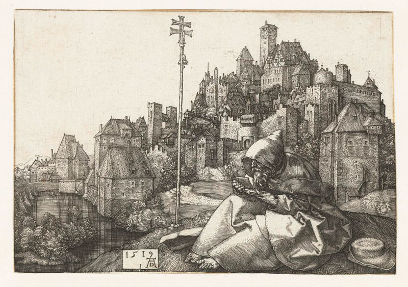 Grabado de Albrecht Dürer que representa a San Antonio en un entorno urbano.