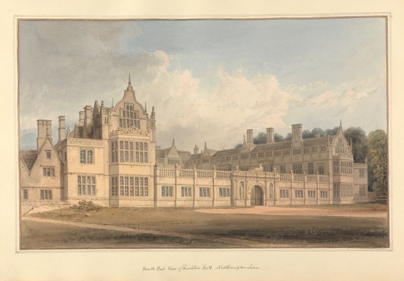 Vista sudeste de Rushton Hall, aquarela sobre papel de John Buckler