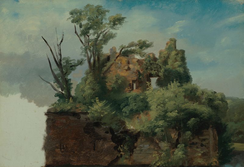 Landscape with Ruins, oil on canvas by Pierre-Henri de Valenciennes, featuring crumbling structures in a serene landscape.
