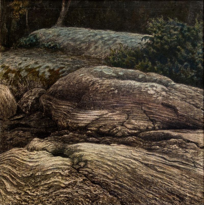 Flat Rocks in Moonlight de Gustaf Fjæstad, pintura al óleo que muestra agua serena y rocas