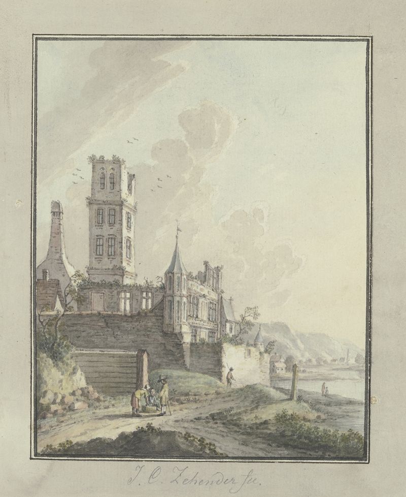 Ruínas do castelo de Johann Caspar Zehender, óleo sobre tela, refletindo na água.